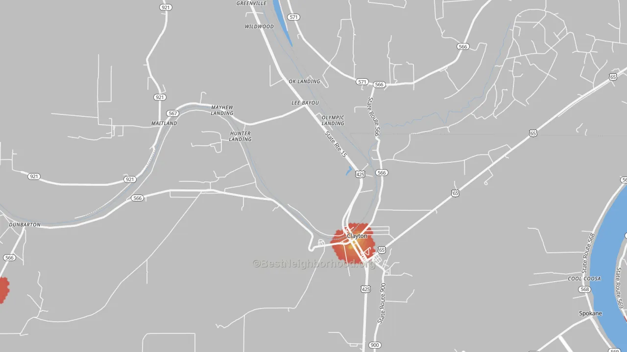 Walk Grade map of 71326, LA, walkable areas in green and car-dependent areas in red