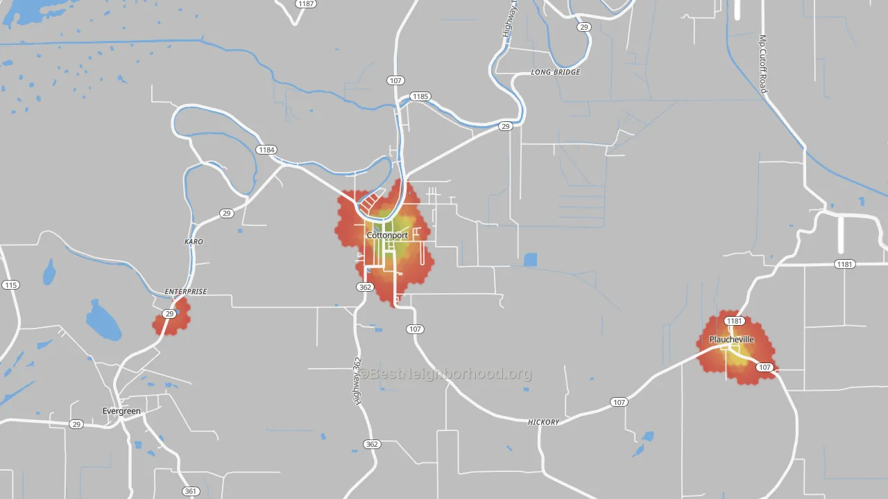 Walk Grade map of 71327, LA, walkable areas in green and car-dependent areas in red