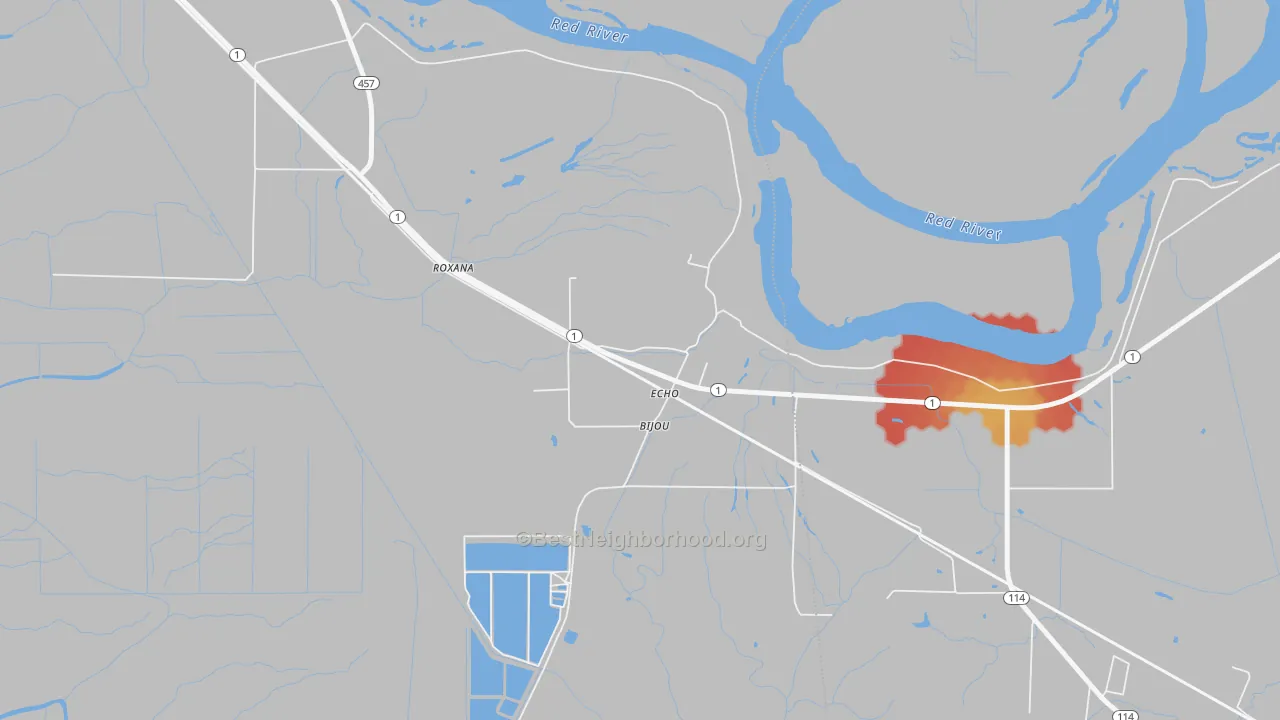 Walk Grade map of 71330, LA, walkable areas in green and car-dependent areas in red