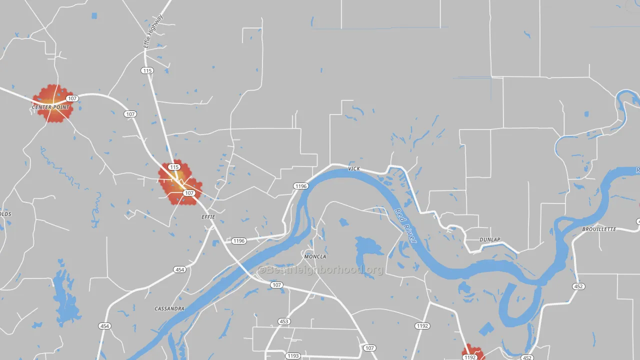 Walk Grade map of 71331, LA, walkable areas in green and car-dependent areas in red