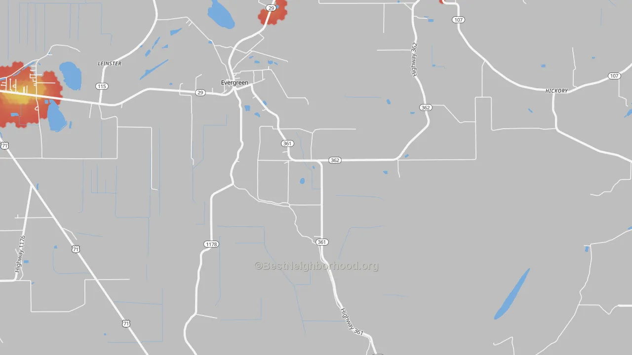 Walk Grade map of 71333, LA, walkable areas in green and car-dependent areas in red