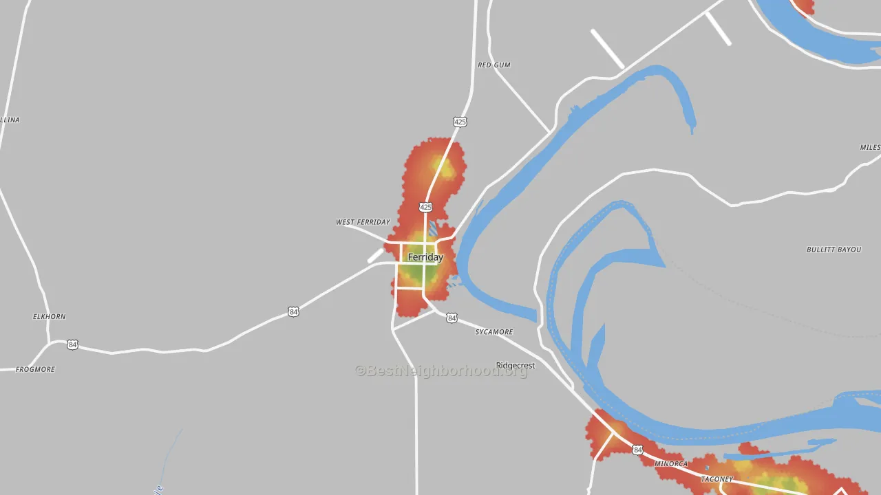 Walk Grade map of 71334, LA, walkable areas in green and car-dependent areas in red