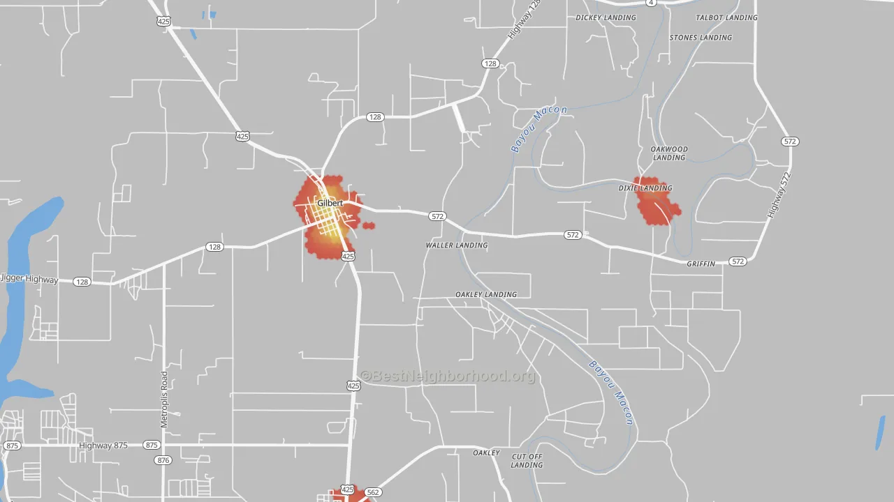 Walk Grade map of 71336, LA, walkable areas in green and car-dependent areas in red
