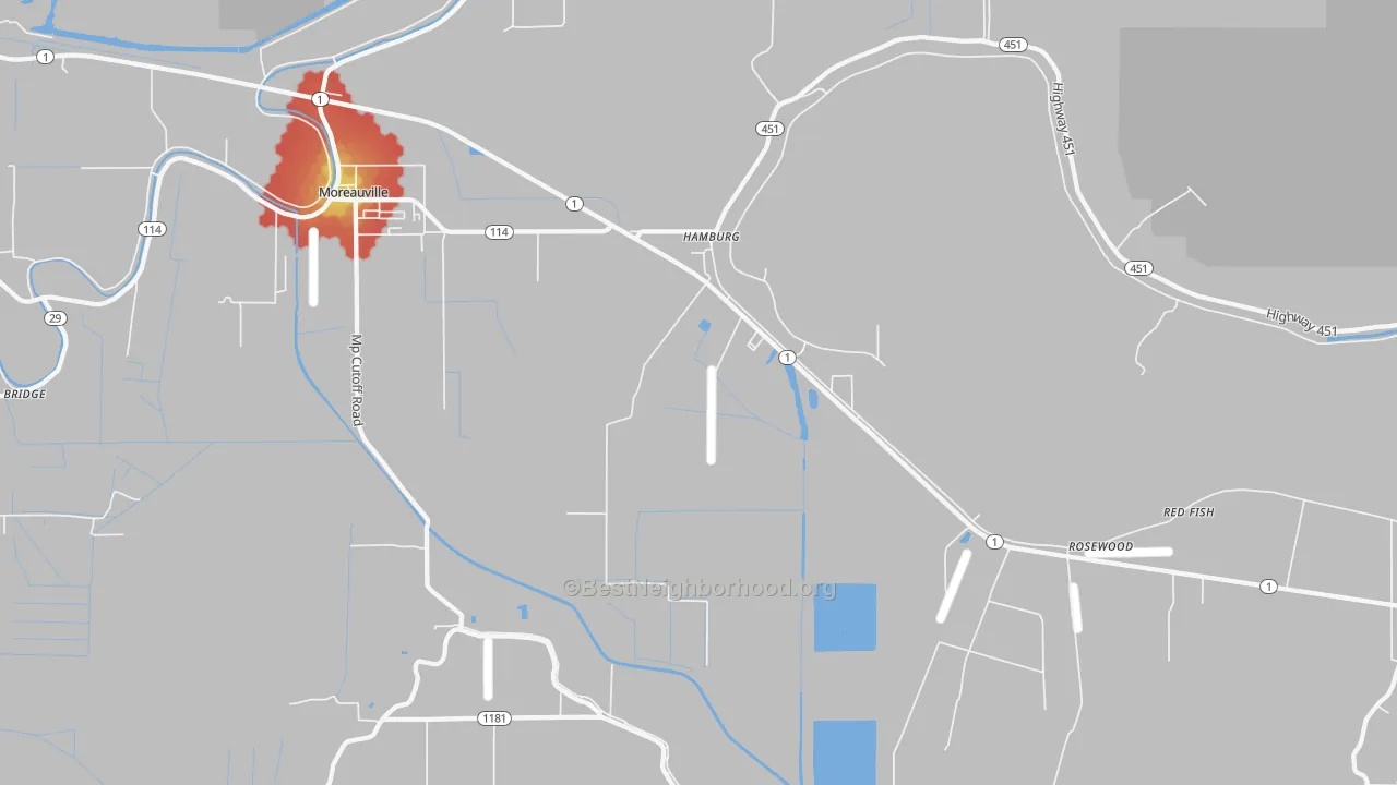 Walk Grade map of 71339, LA, walkable areas in green and car-dependent areas in red