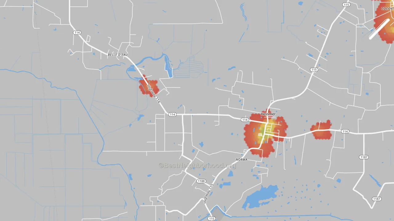 Walk Grade map of 71341, LA, walkable areas in green and car-dependent areas in red