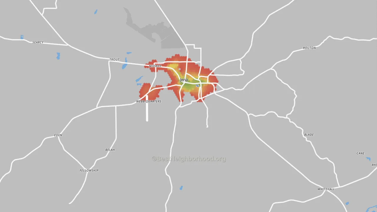 Walk Grade map of 71342, LA, walkable areas in green and car-dependent areas in red