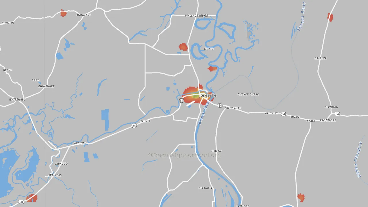 Walk Grade map of 71343, LA, walkable areas in green and car-dependent areas in red