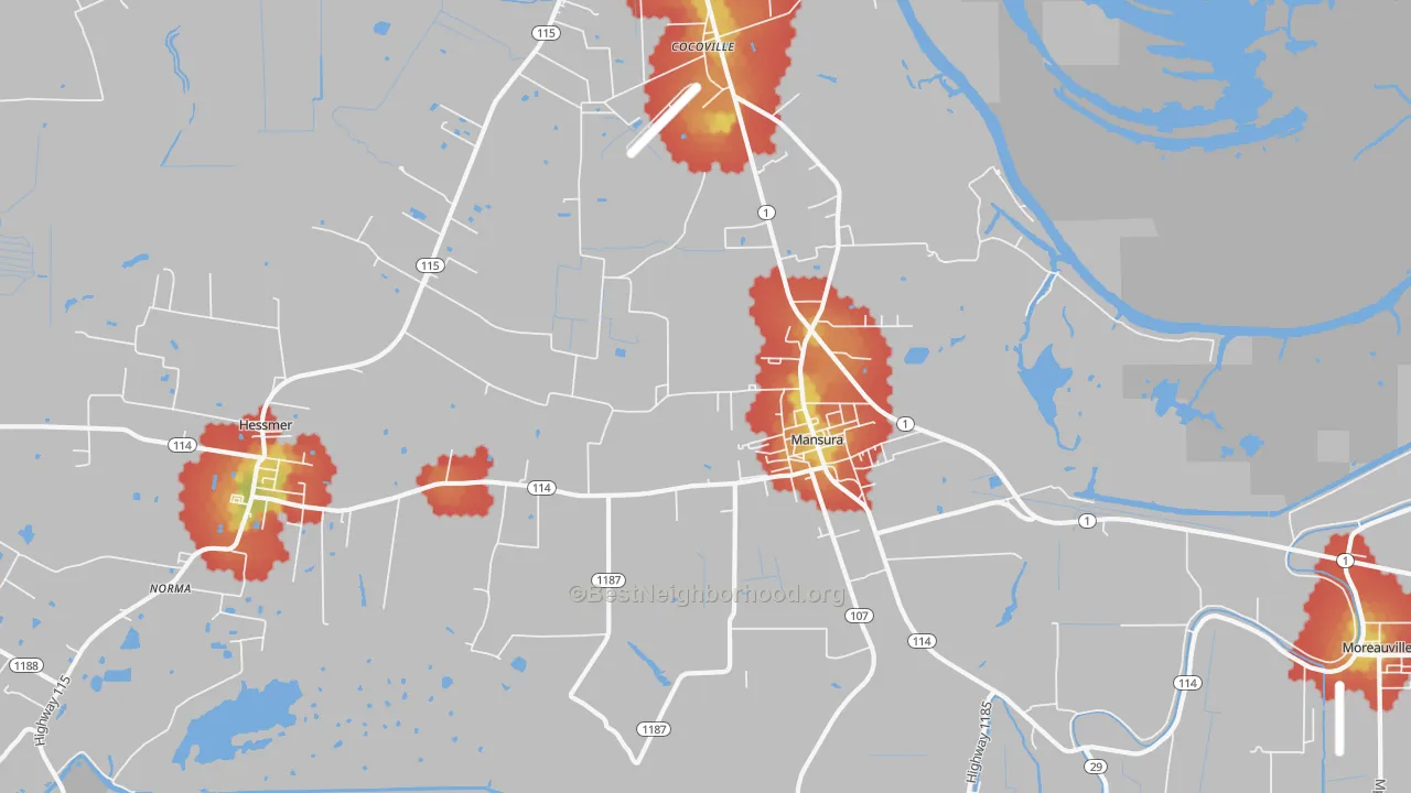 Walk Grade map of 71350, LA, walkable areas in green and car-dependent areas in red