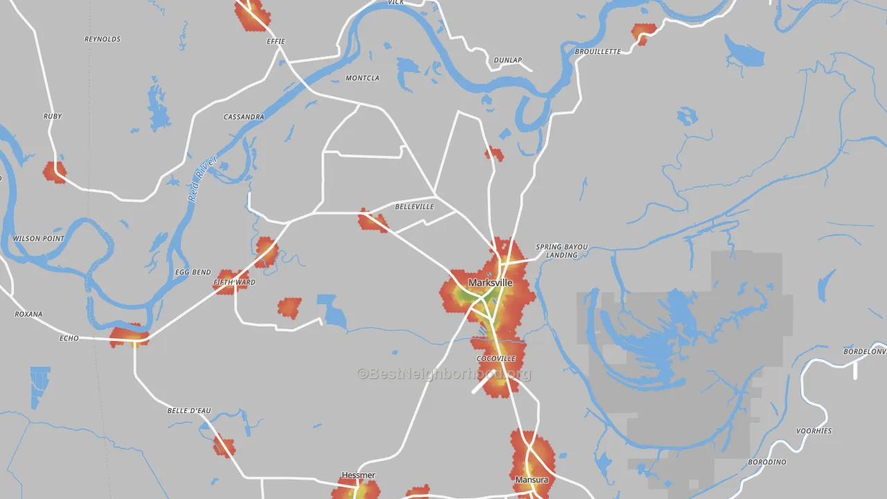Walk Grade map of 71351, LA, walkable areas in green and car-dependent areas in red