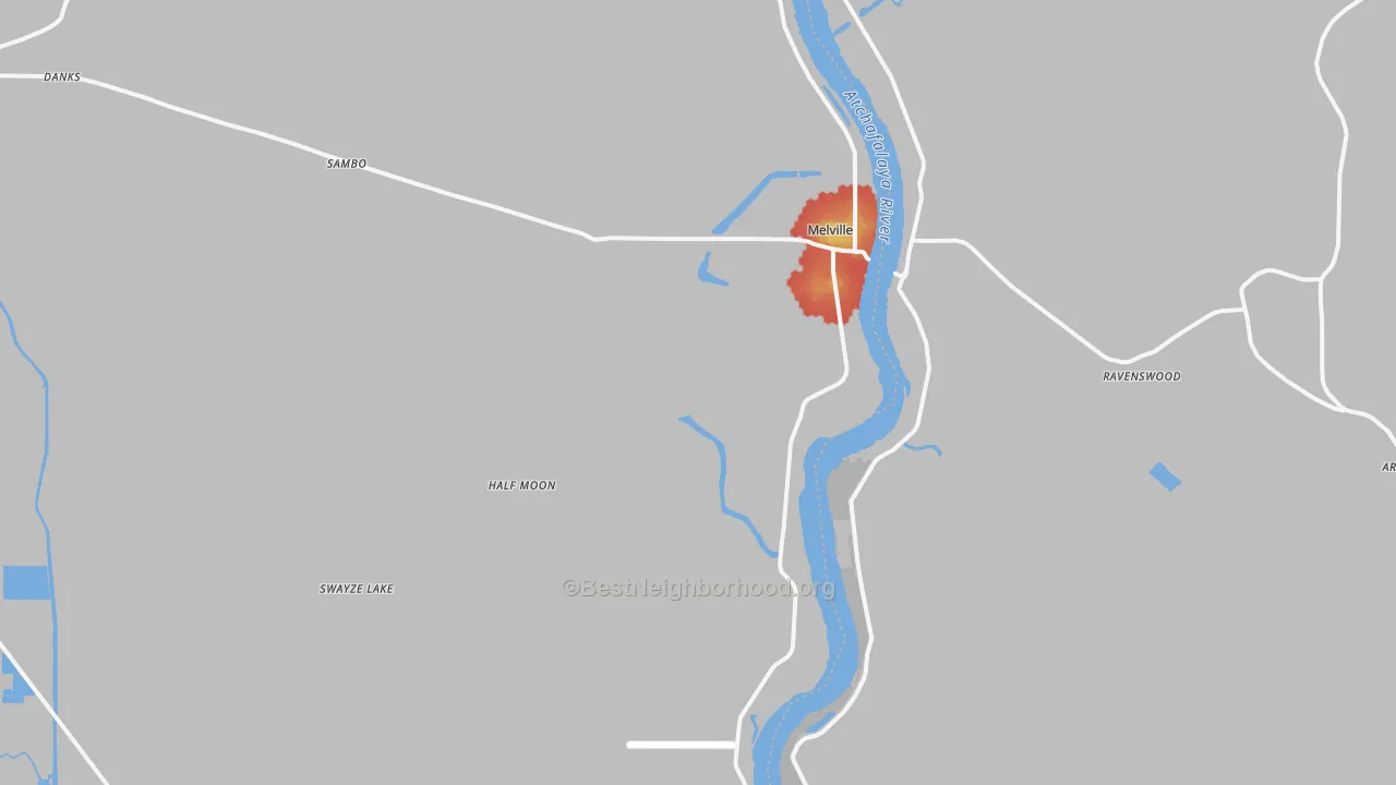 Walk Grade map of 71353, LA, walkable areas in green and car-dependent areas in red