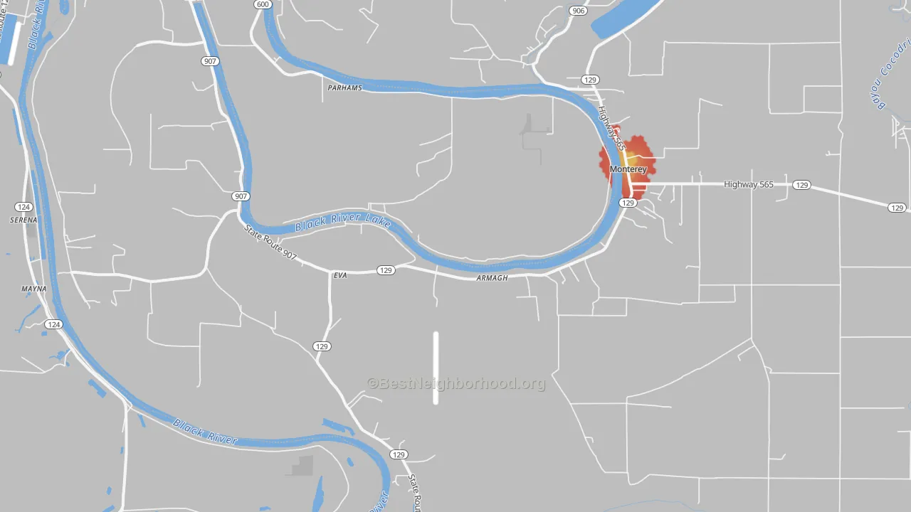 Walk Grade map of 71354, LA, walkable areas in green and car-dependent areas in red