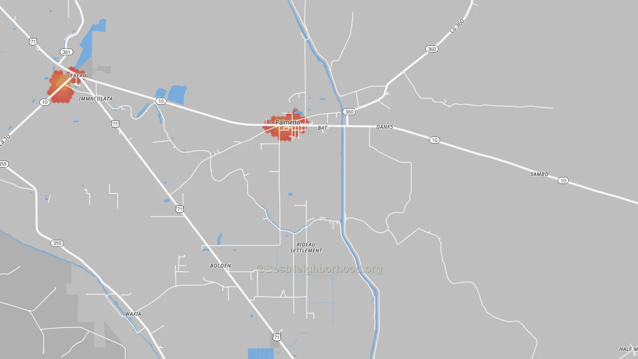 Walk Grade map of 71358, LA, walkable areas in green and car-dependent areas in red