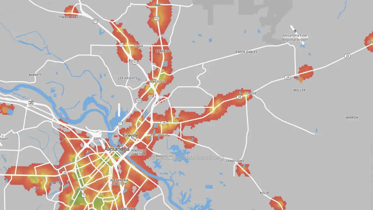 Walk Grade map of 71360, LA, walkable areas in green and car-dependent areas in red