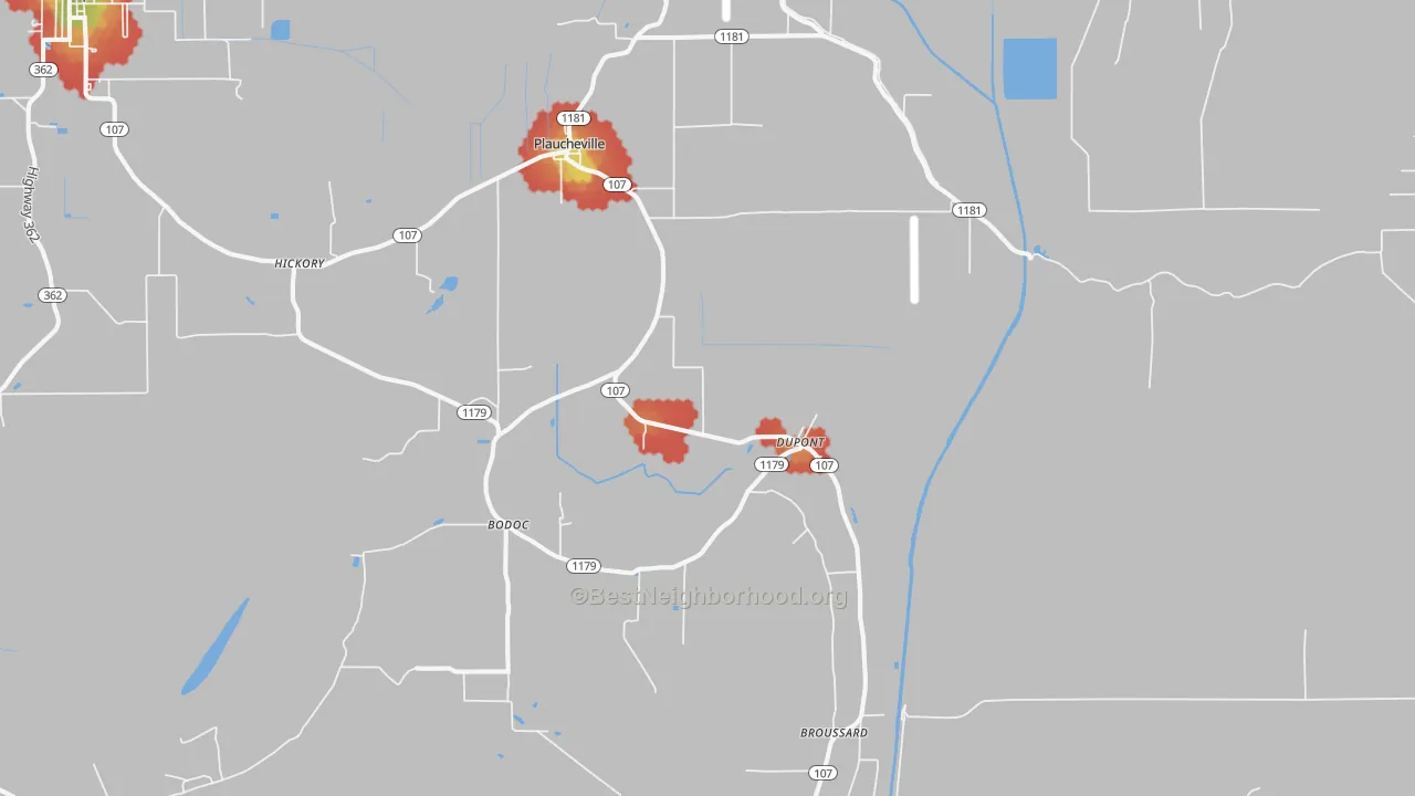 Walk Grade map of 71362, LA, walkable areas in green and car-dependent areas in red