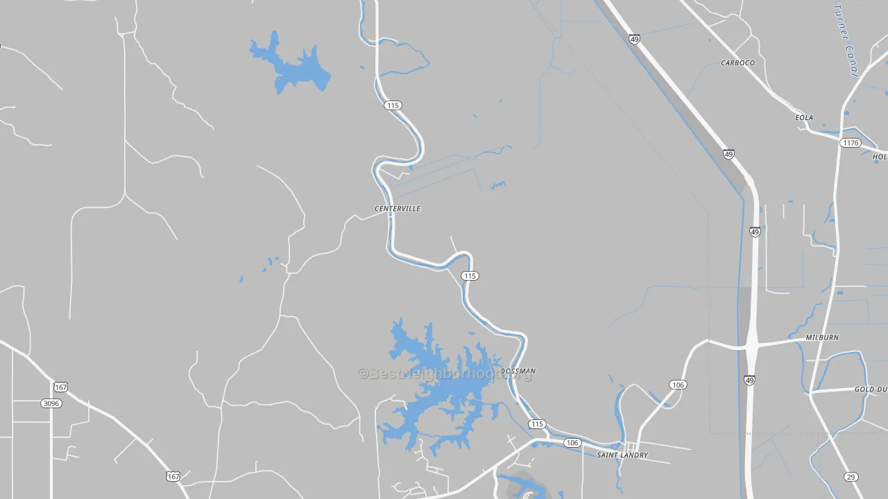 Walk Grade map of 71367, LA, walkable areas in green and car-dependent areas in red
