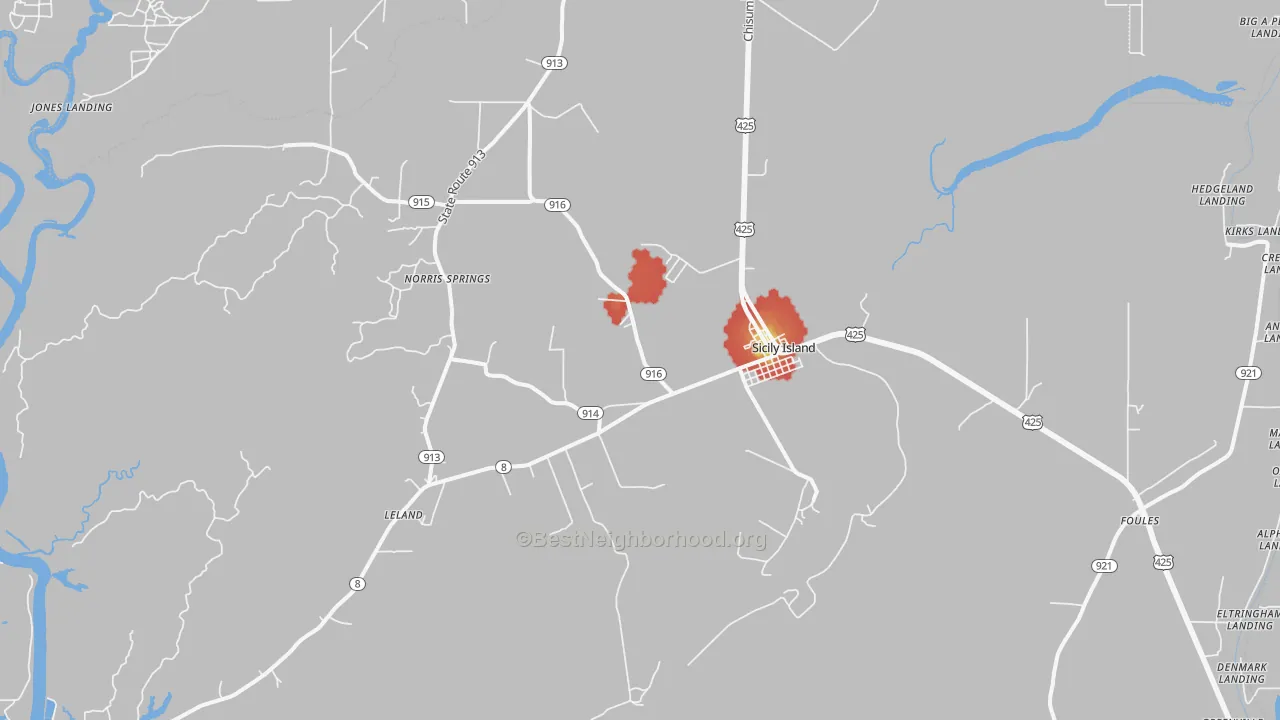 Walk Grade map of 71368, LA, walkable areas in green and car-dependent areas in red