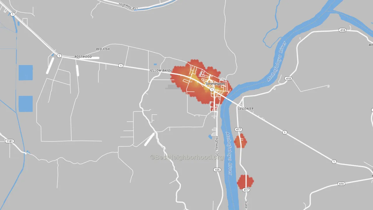 Walk Grade map of 71369, LA, walkable areas in green and car-dependent areas in red
