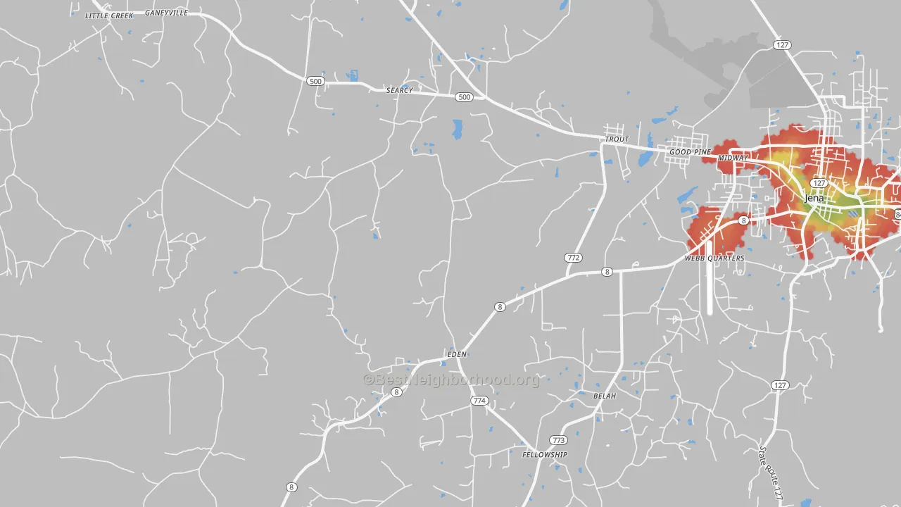 Walk Grade map of 71371, LA, walkable areas in green and car-dependent areas in red