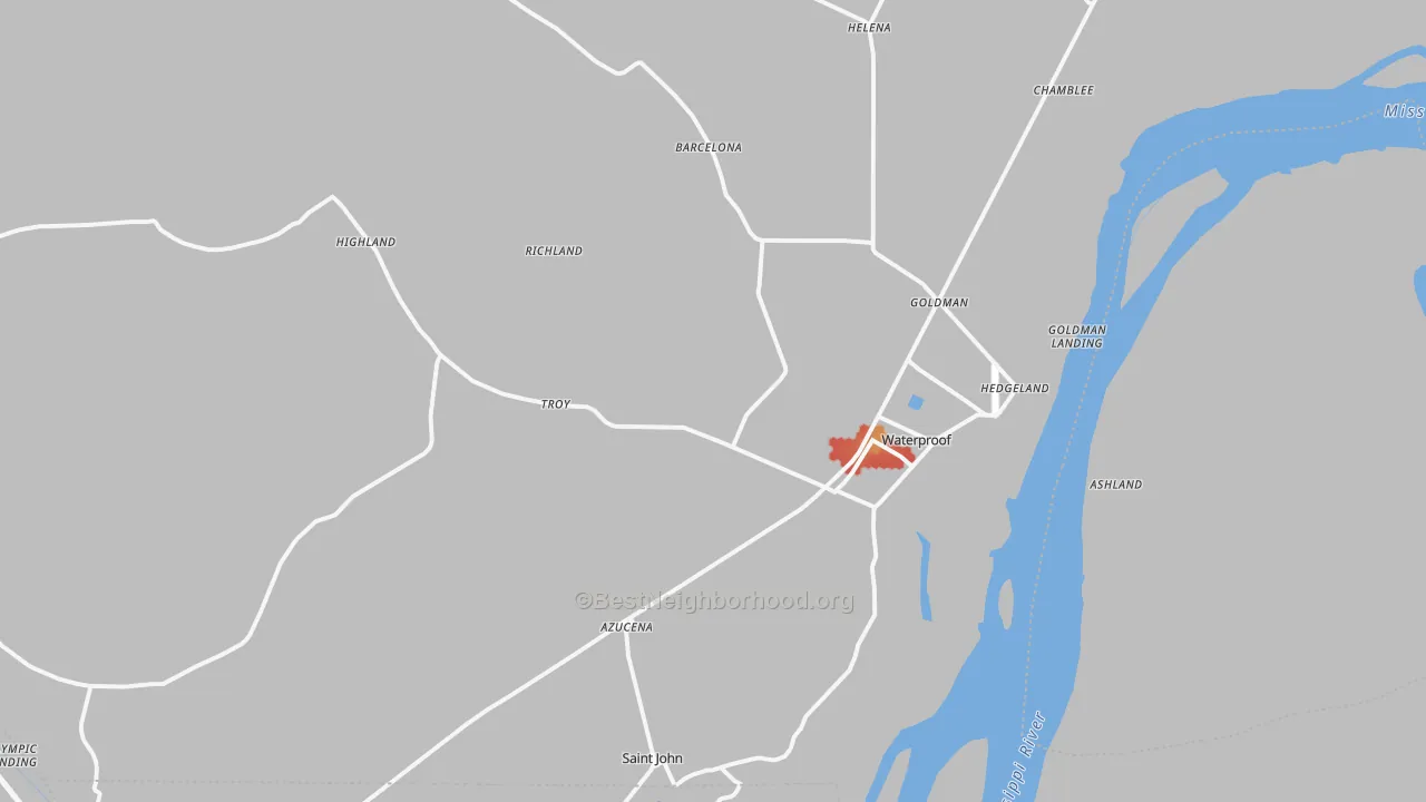 Walk Grade map of 71375, LA, walkable areas in green and car-dependent areas in red