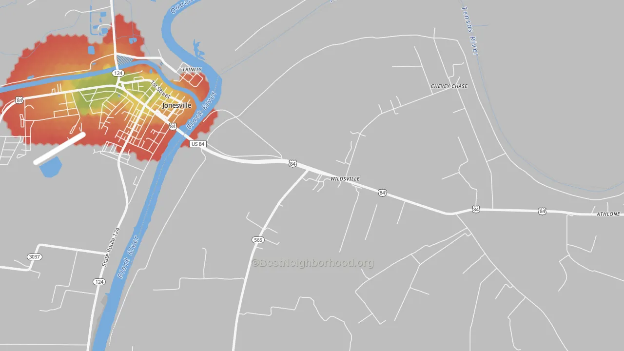 Walk Grade map of 71377, LA, walkable areas in green and car-dependent areas in red