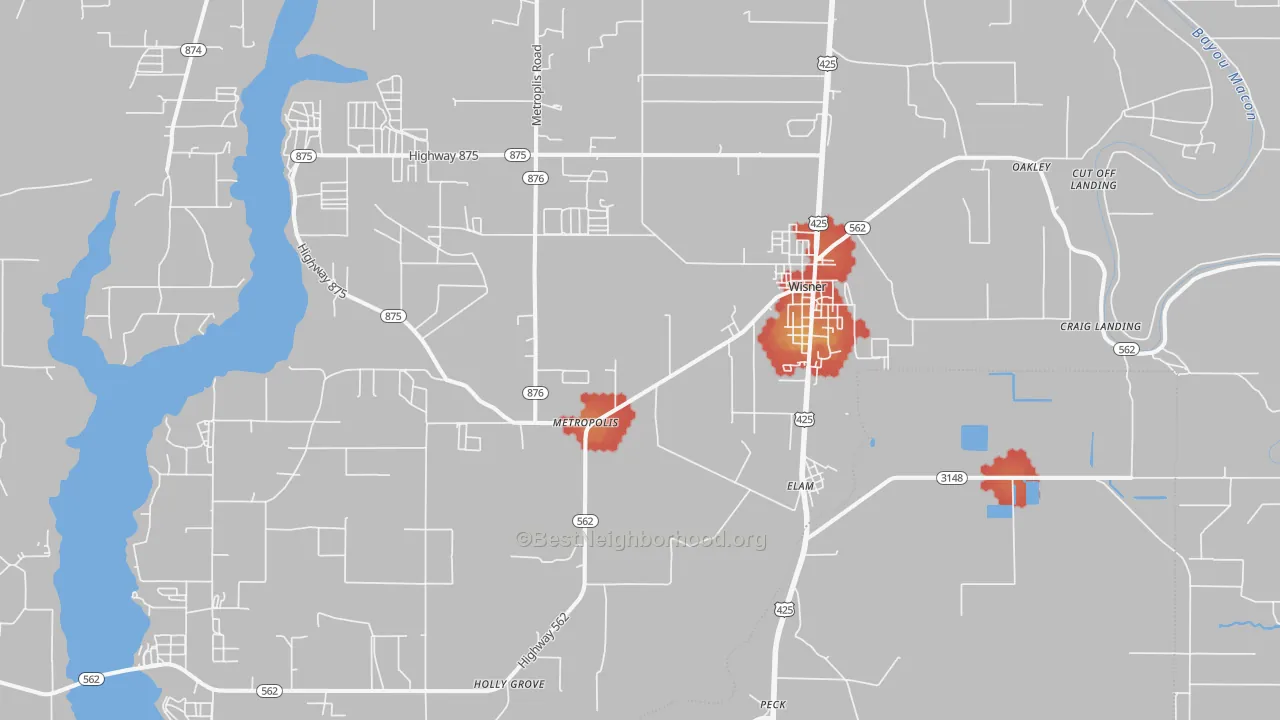 Walk Grade map of 71378, LA, walkable areas in green and car-dependent areas in red