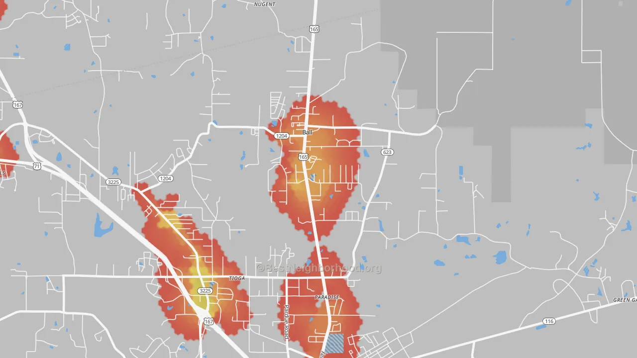 Walk Grade map of 71405, LA, walkable areas in green and car-dependent areas in red