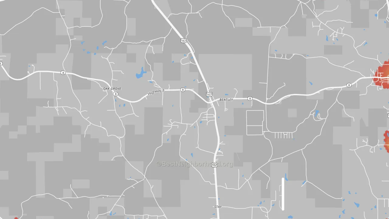 Walk Grade map of 71407, LA, walkable areas in green and car-dependent areas in red