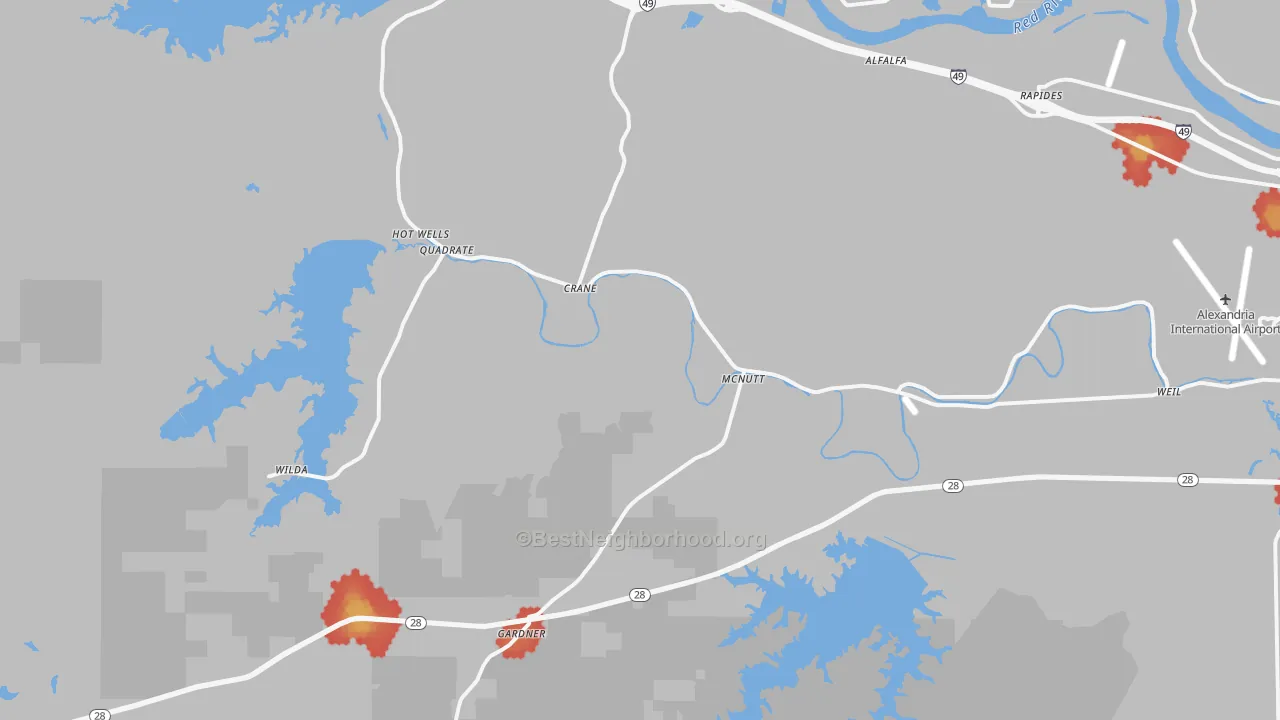 Walk Grade map of 71409, LA, walkable areas in green and car-dependent areas in red