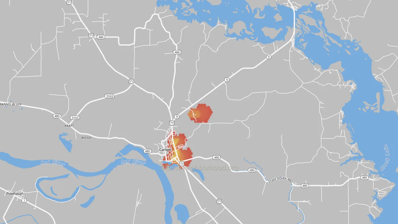 Walk Grade map of 71411, LA, walkable areas in green and car-dependent areas in red