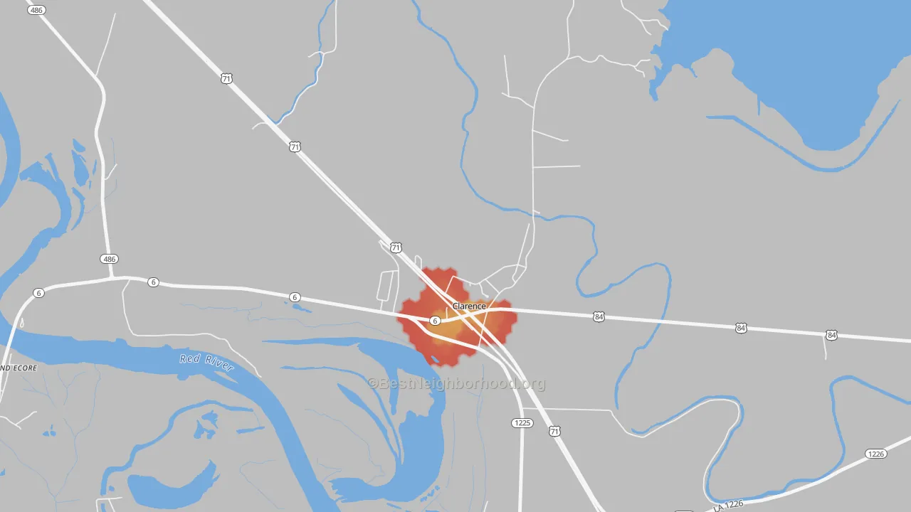 Walk Grade map of 71414, LA, walkable areas in green and car-dependent areas in red