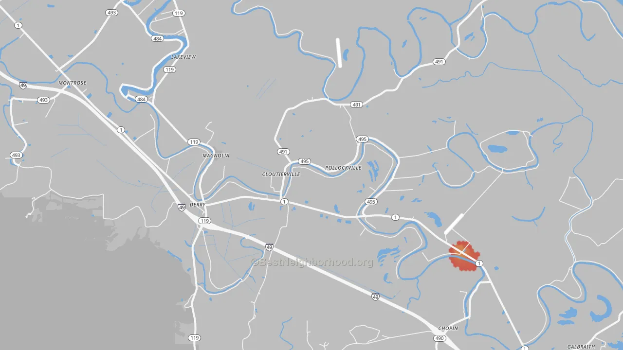 Walk Grade map of 71416, LA, walkable areas in green and car-dependent areas in red