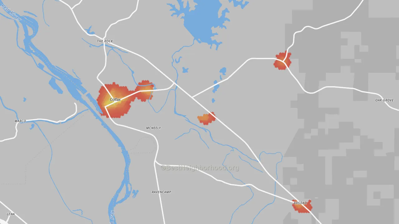 Walk Grade map of 71417, LA, walkable areas in green and car-dependent areas in red