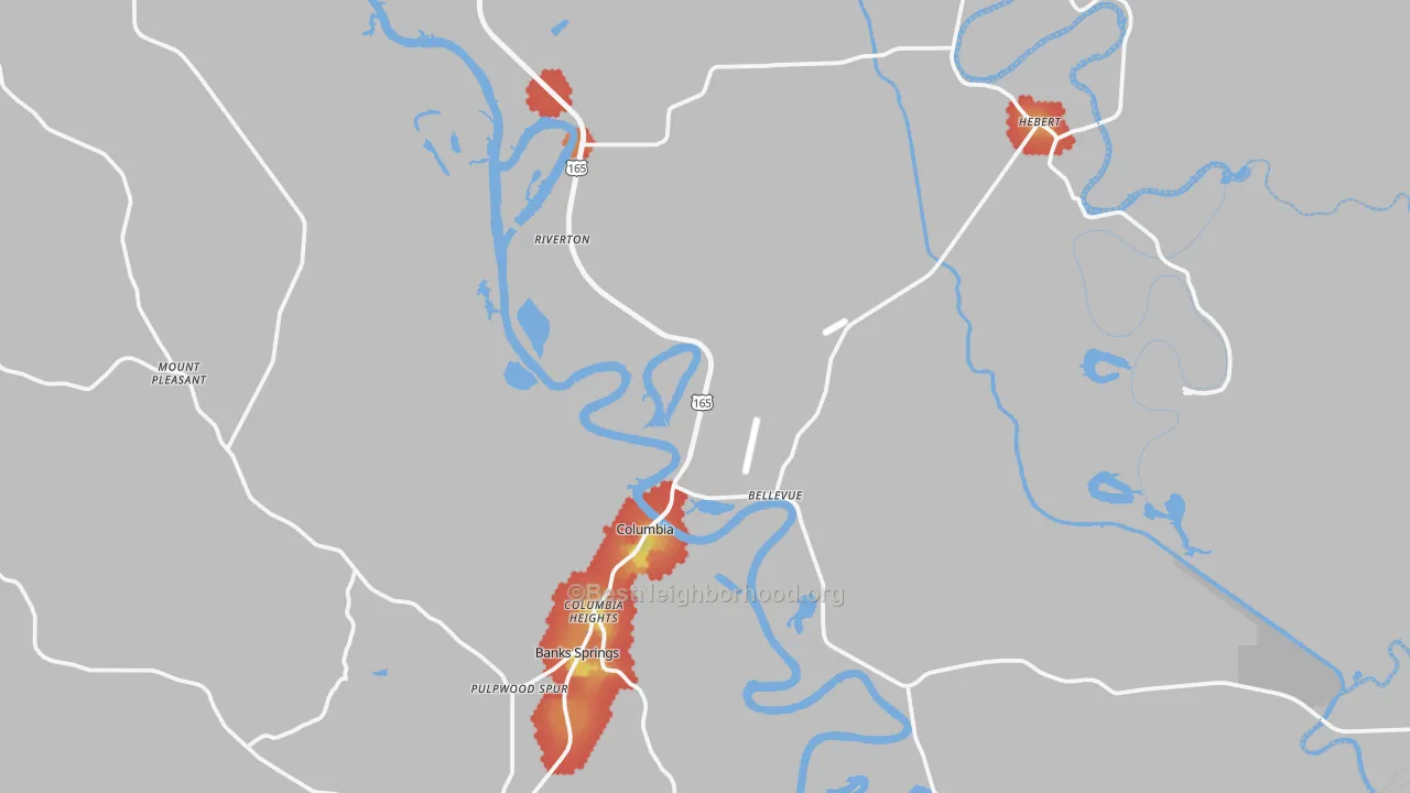Walk Grade map of 71418, LA, walkable areas in green and car-dependent areas in red