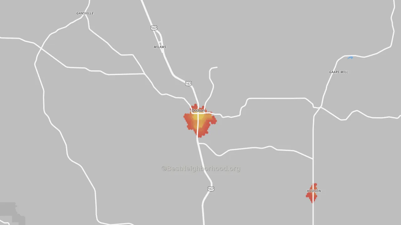 Walk Grade map of 71422, LA, walkable areas in green and car-dependent areas in red