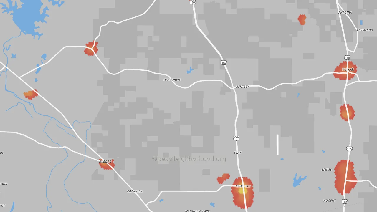 Walk Grade map of 71423, LA, walkable areas in green and car-dependent areas in red