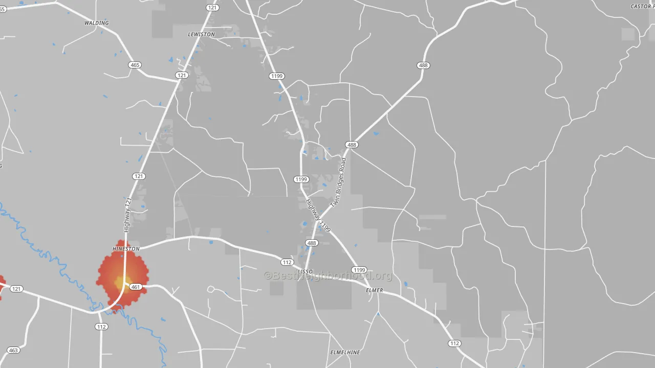 Walk Grade map of 71424, LA, walkable areas in green and car-dependent areas in red