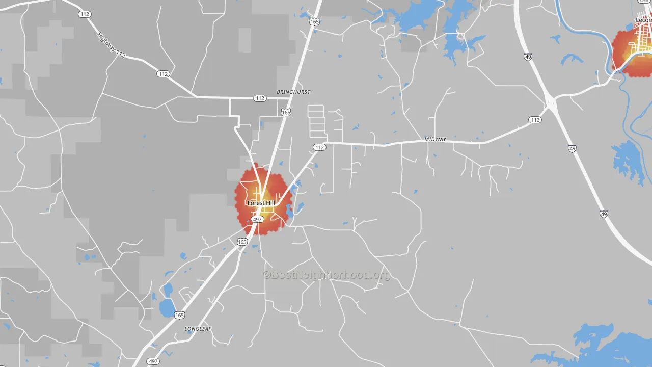 Walk Grade map of 71430, LA, walkable areas in green and car-dependent areas in red