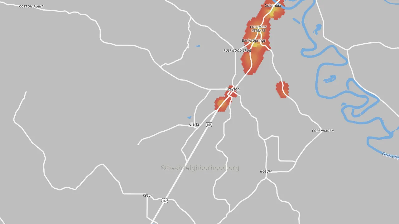 Walk Grade map of 71435, LA, walkable areas in green and car-dependent areas in red