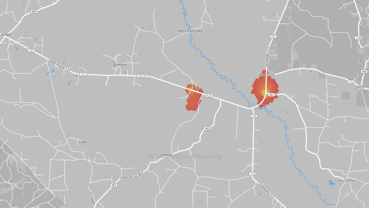 Walk Grade map of 71438, LA, walkable areas in green and car-dependent areas in red