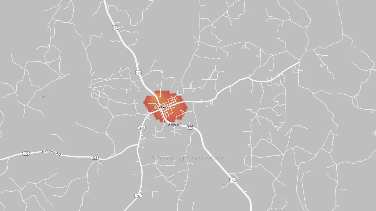 Walk Grade map of 71439, LA, walkable areas in green and car-dependent areas in red