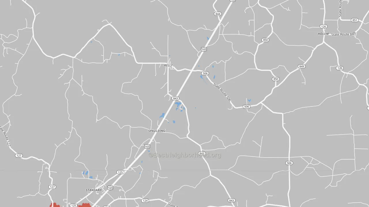 Walk Grade map of 71441, LA, walkable areas in green and car-dependent areas in red