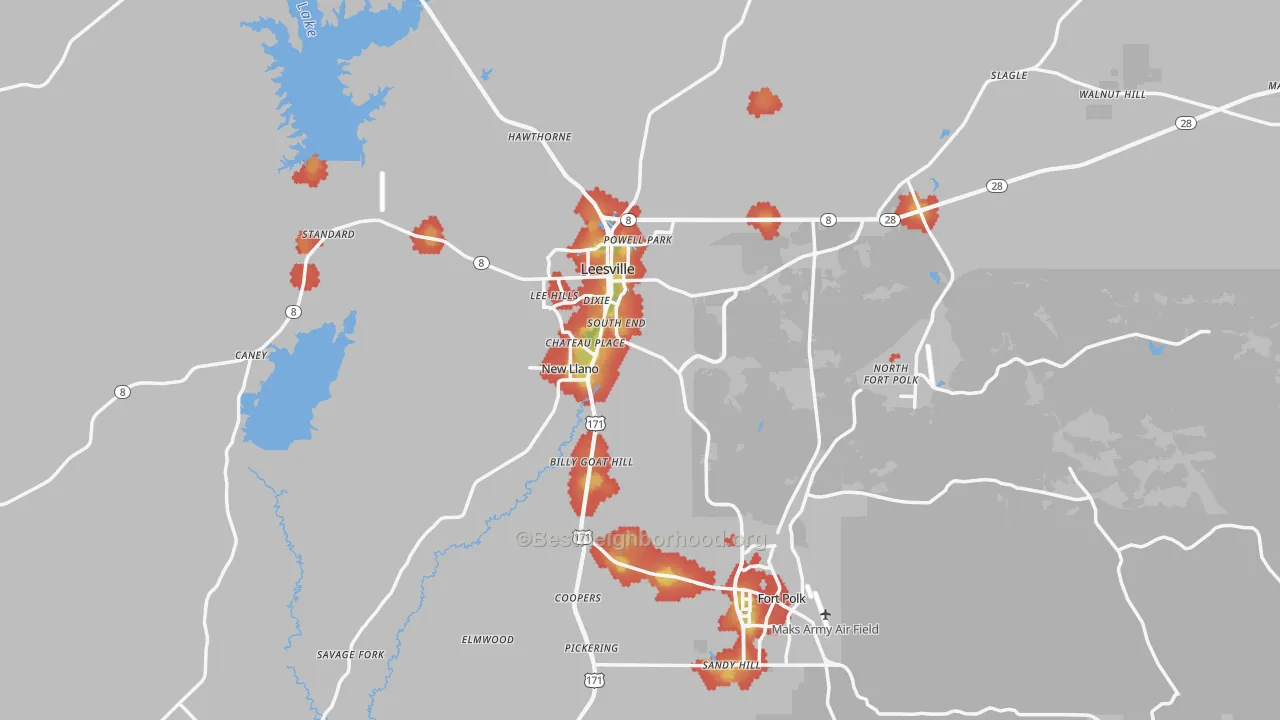 Walk Grade map of 71446, LA, walkable areas in green and car-dependent areas in red