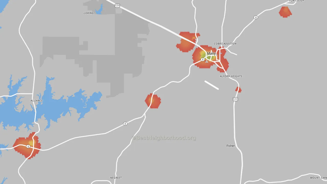 Walk Grade map of 71449, LA, walkable areas in green and car-dependent areas in red
