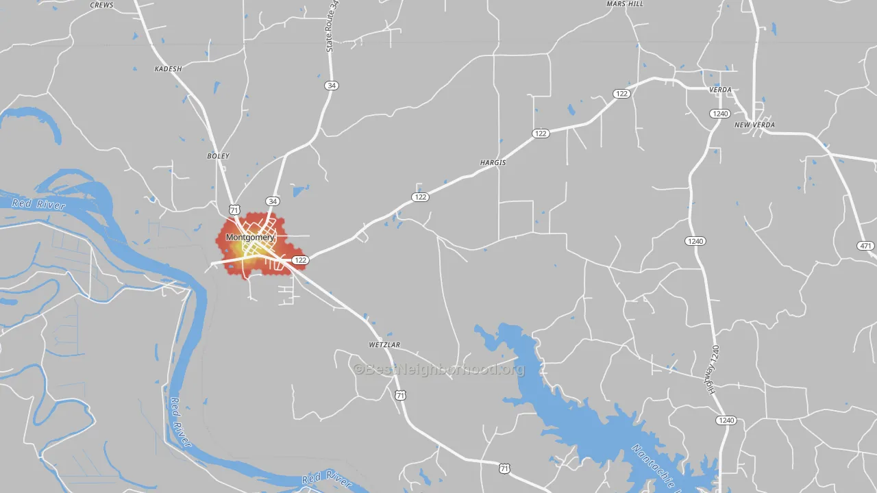 Walk Grade map of 71454, LA, walkable areas in green and car-dependent areas in red