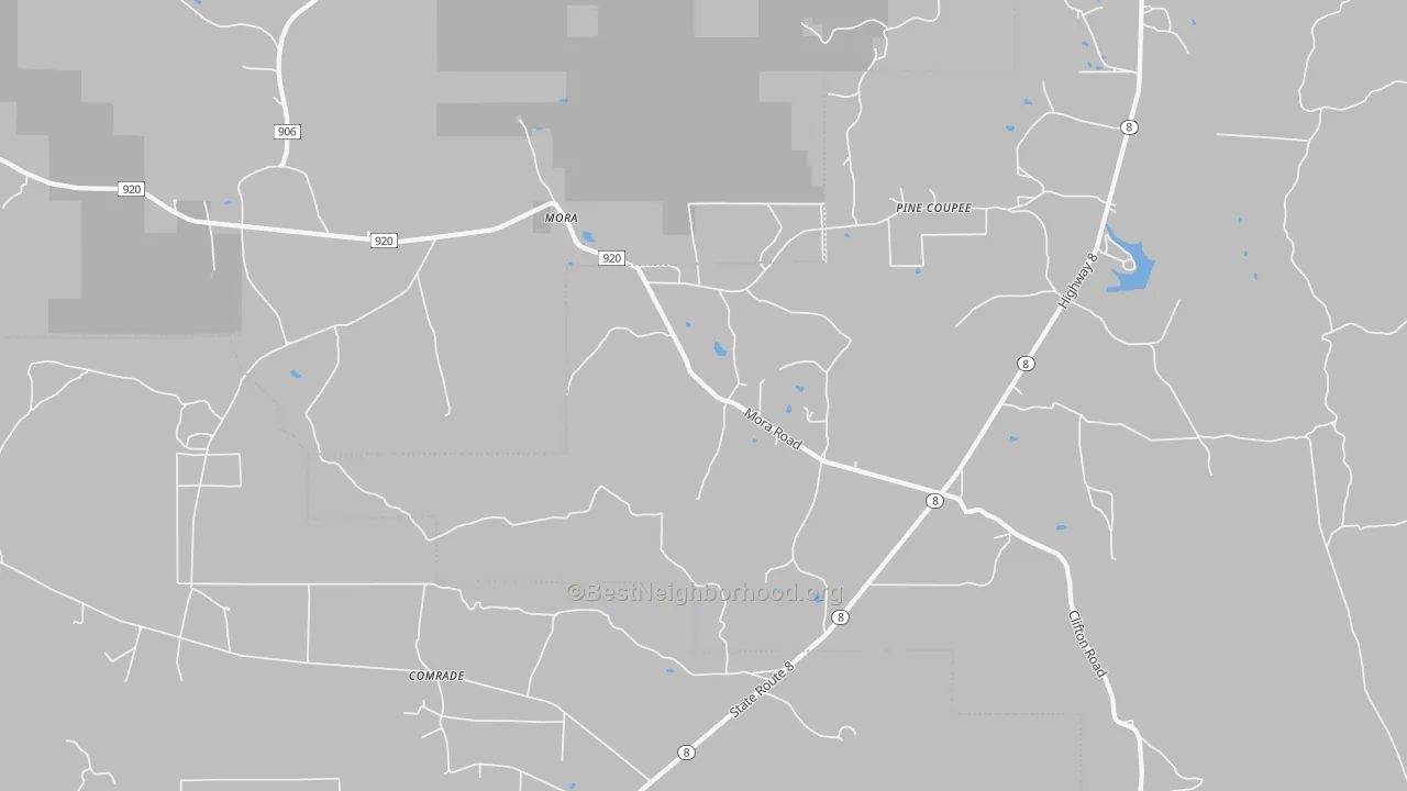Walk Grade map of 71455, LA, walkable areas in green and car-dependent areas in red