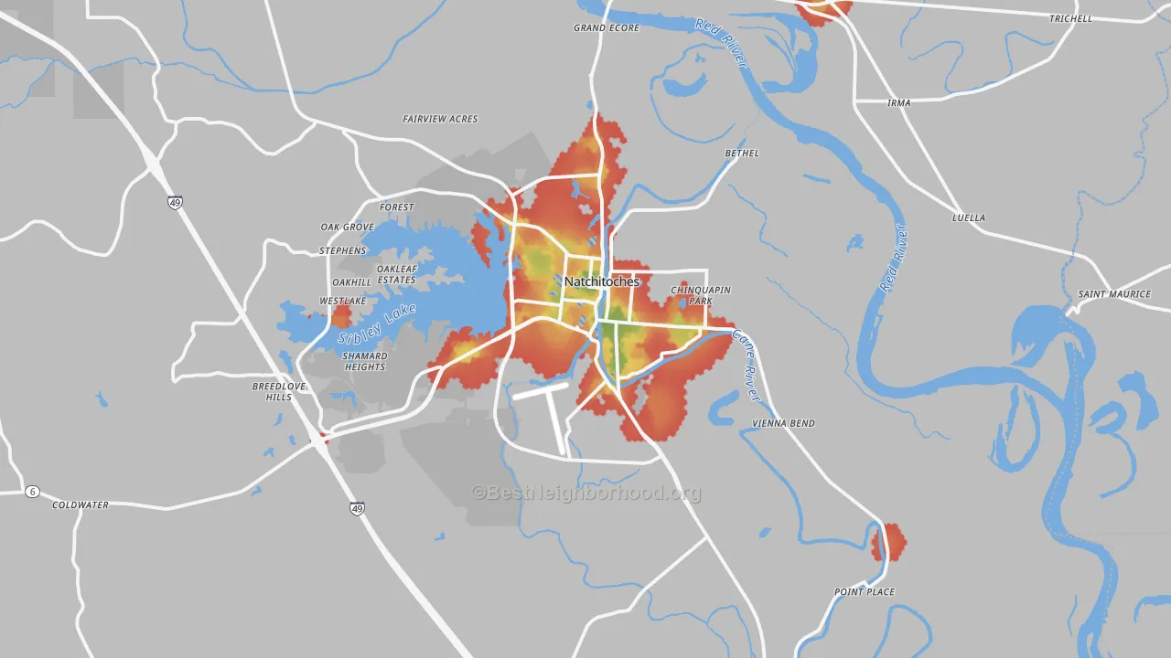 Walk Grade map of 71457, LA, walkable areas in green and car-dependent areas in red
