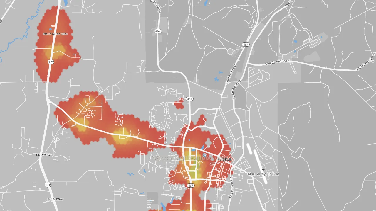 Walk Grade map of 71459, LA, walkable areas in green and car-dependent areas in red