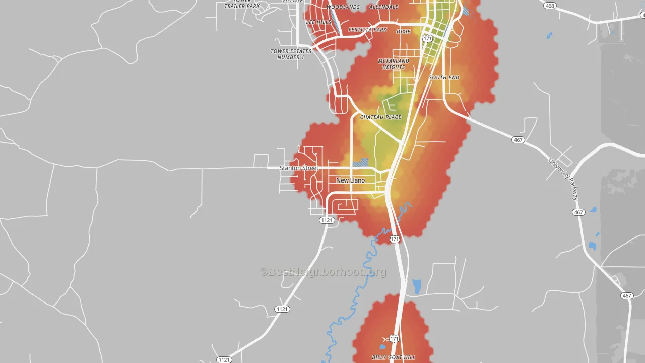 Walk Grade map of 71461, LA, walkable areas in green and car-dependent areas in red