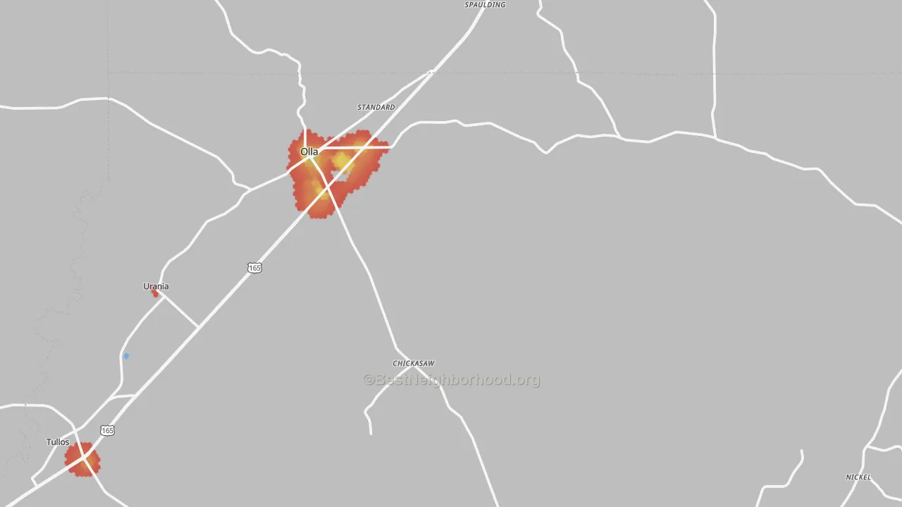 Walk Grade map of 71465, LA, walkable areas in green and car-dependent areas in red