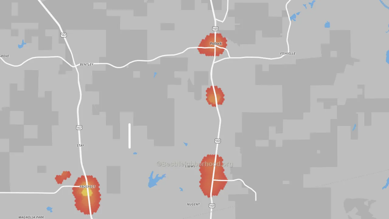 Walk Grade map of 71467, LA, walkable areas in green and car-dependent areas in red